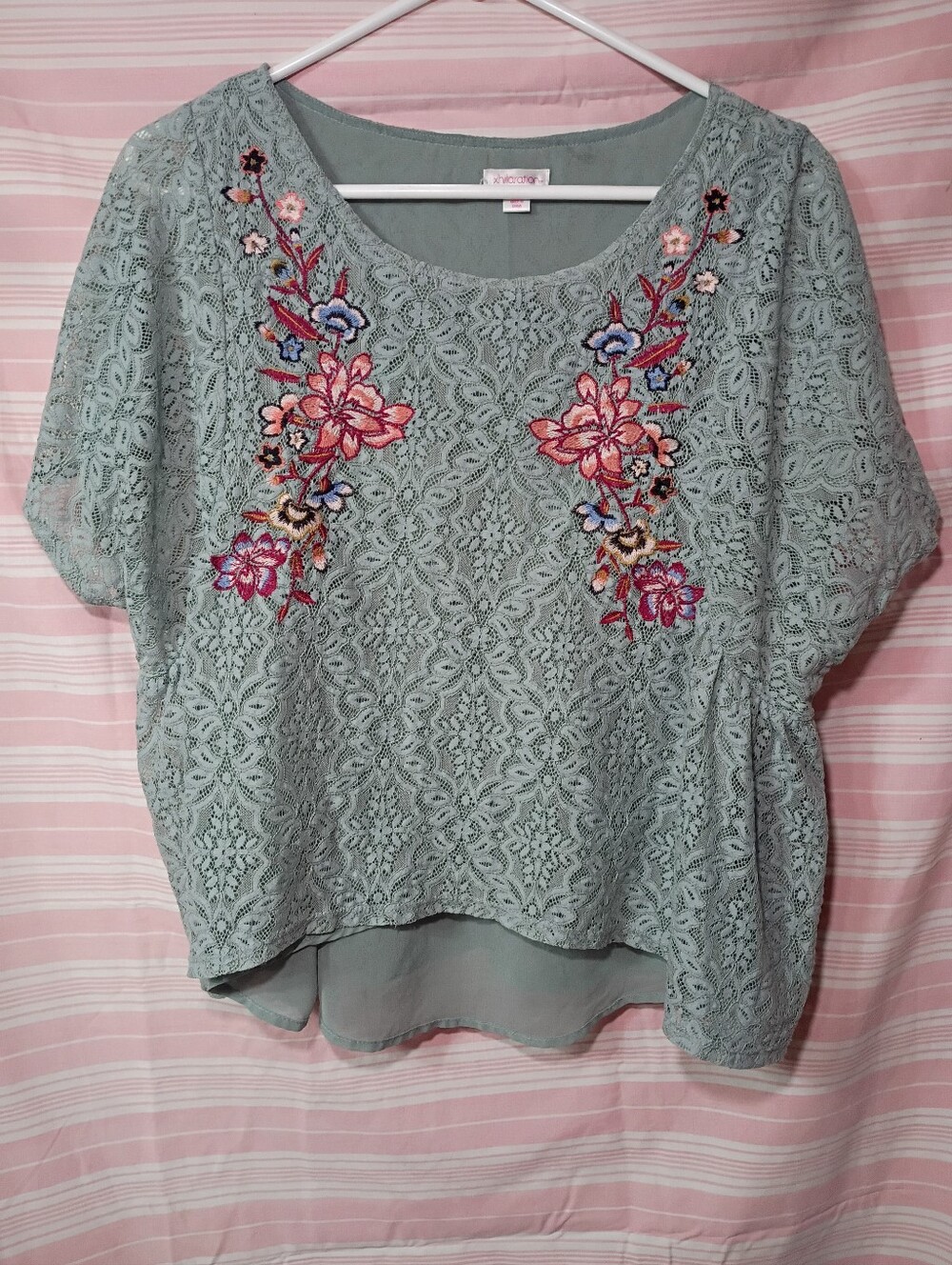Xhilaration Sage Green Lace Top with Multicolor Floral Embroidery